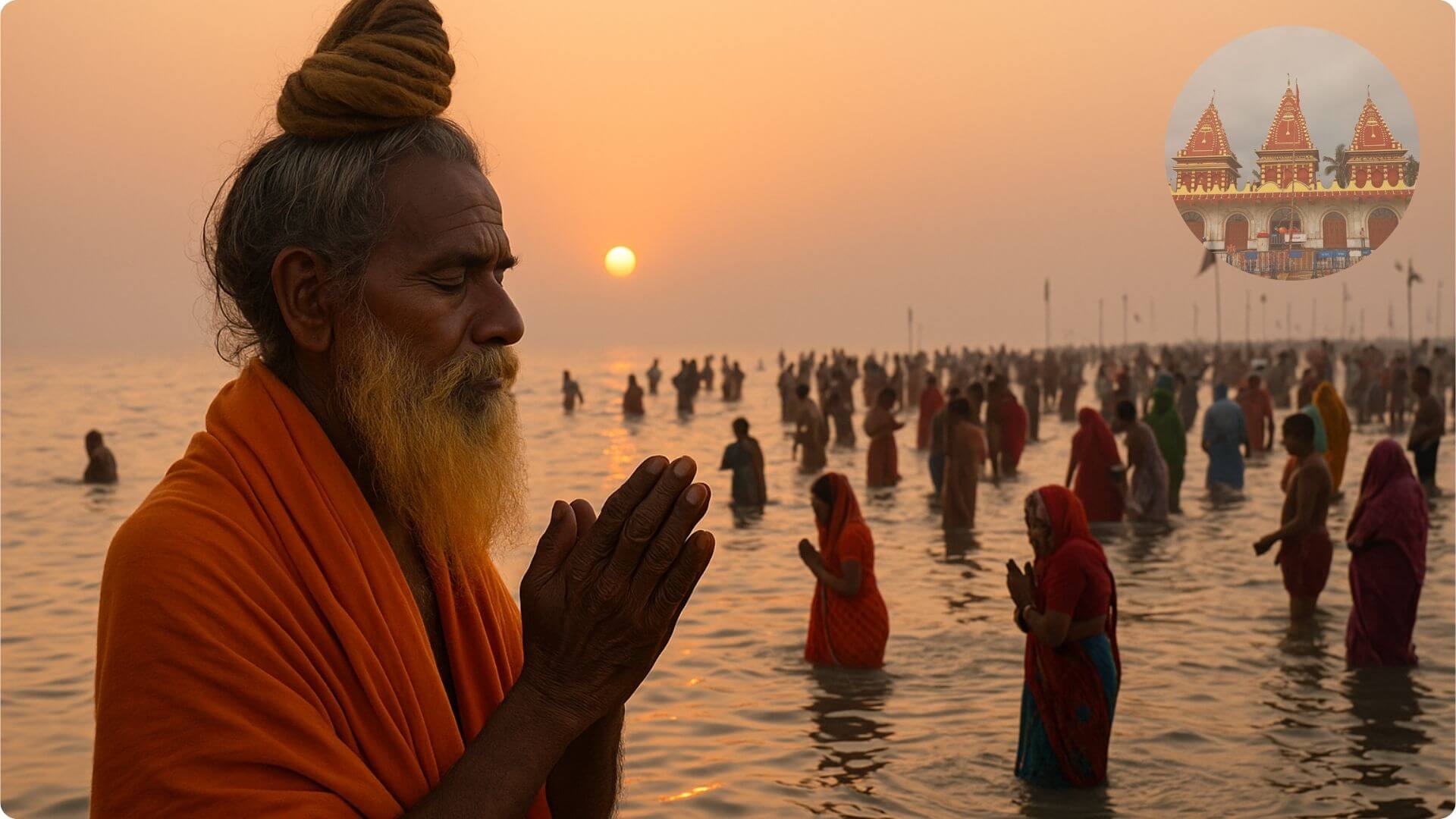 Sadhu offering prayers during Gangasagar Mela at the sacred confluence of the Ganga and the Bay of Bengal