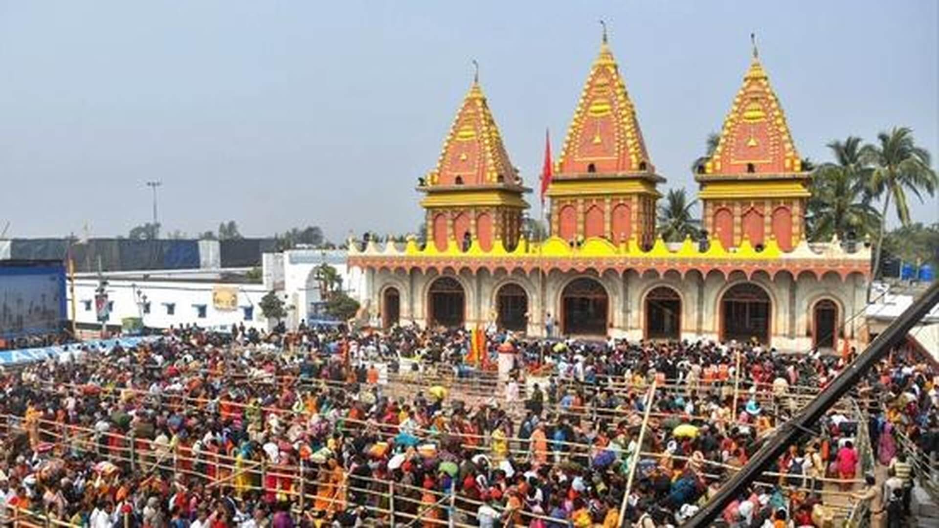 Pilgrims gathered at Kapil Muni Temple during the sacred Gangasagar Mela in West Bengal