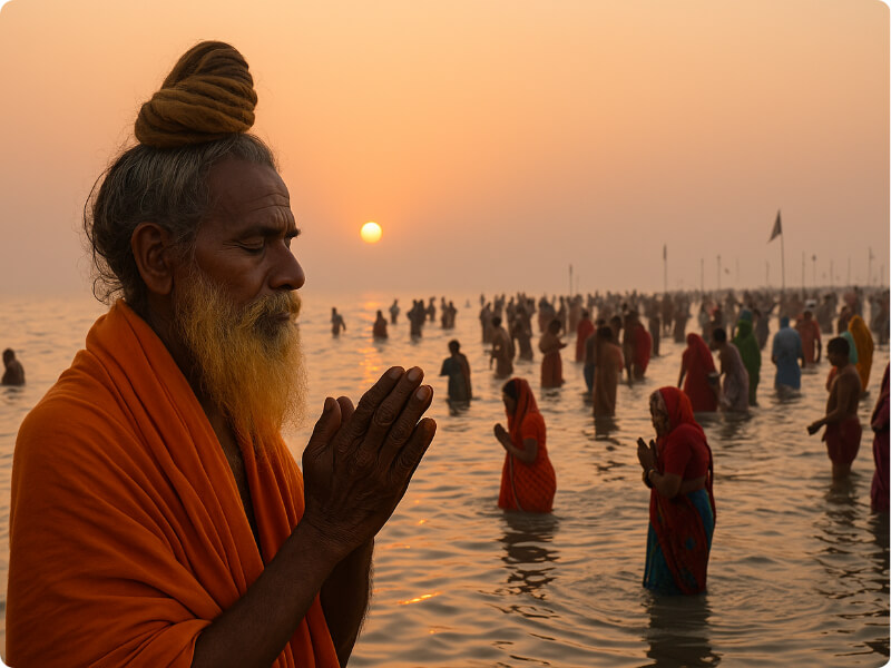 Sadhu offering prayers at Gangasagar during sunrise where the River Ganga meets the Bay of Bengal