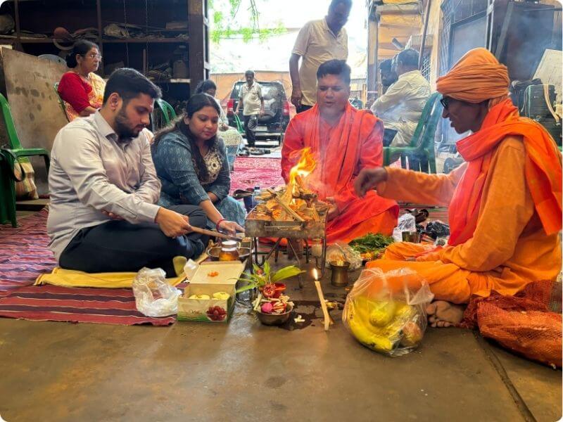 Sacred Vedic Havan ceremony during a spiritual retreat at Kriya Yoga Wellness Gangasagar