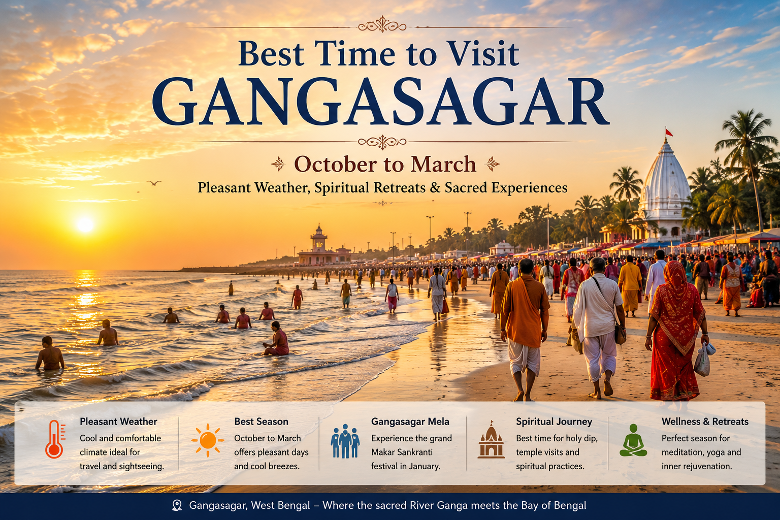 Best time to visit Gangasagar from October to March for pilgrimage, spiritual retreats, and sightseeing