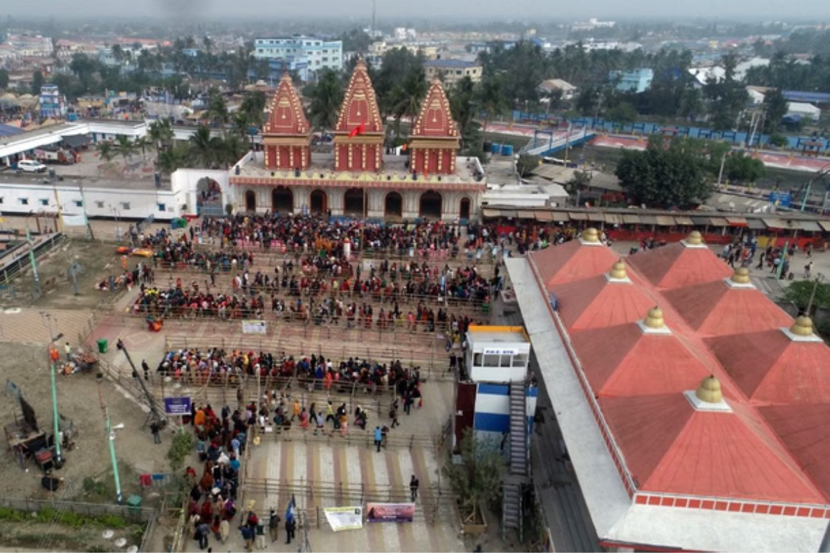 Aerial view of Kapil Muni Temple and Gangasagar pilgrimage site in West Bengal, India
