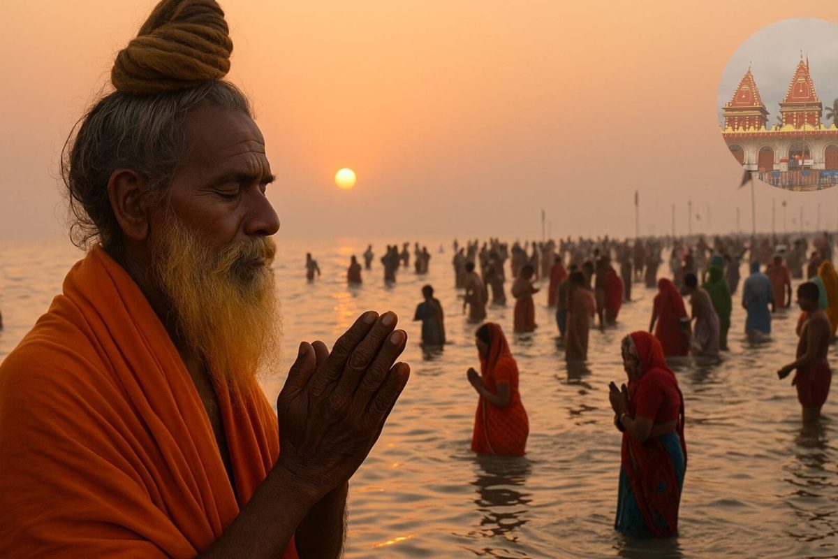 Sadhu offering prayers during Gangasagar Mela at the sacred confluence of the Ganga and the Bay of Bengal