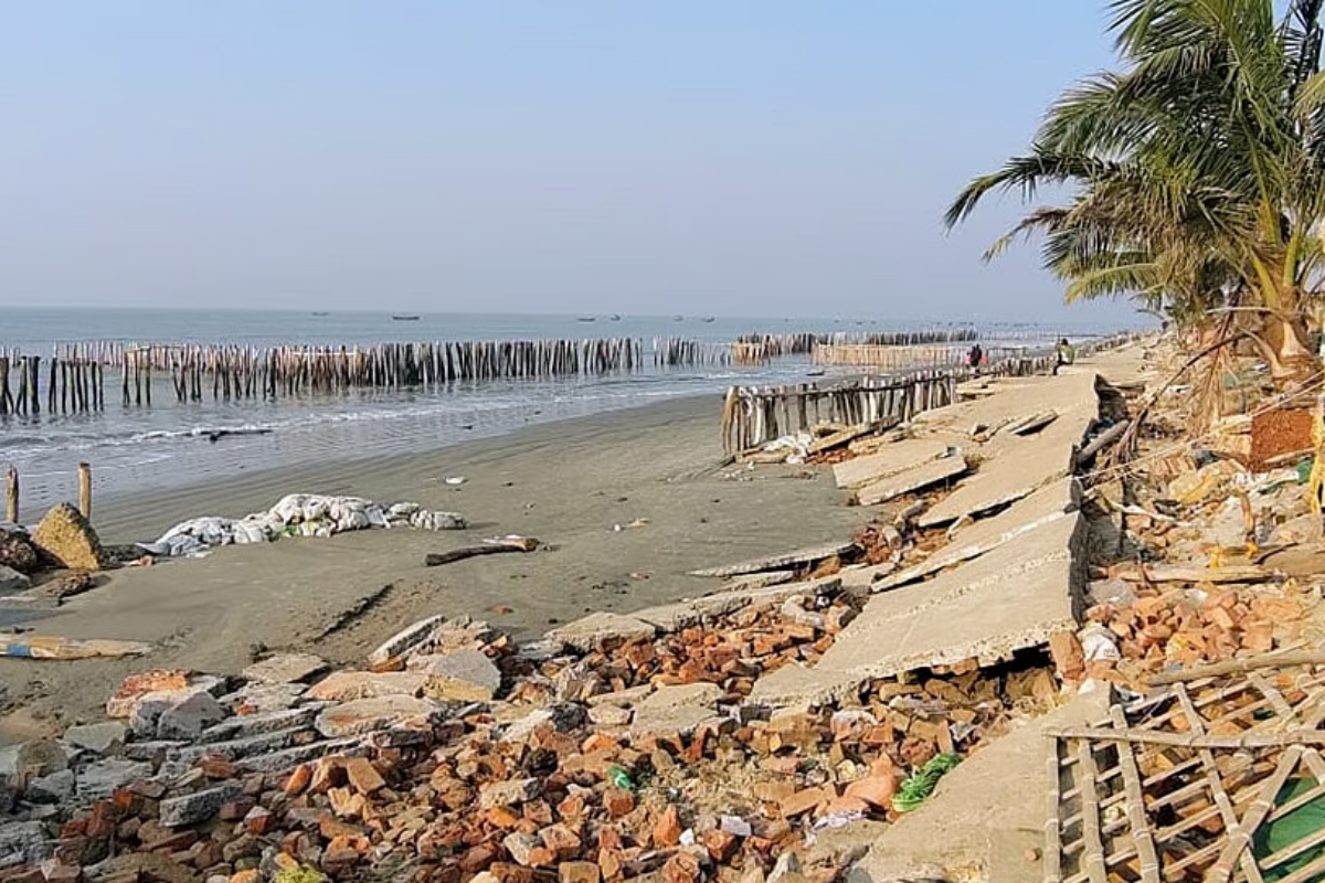 Coastal soil erosion along the shoreline of Gangasagar Island in West Bengal highlighting environmental challenges