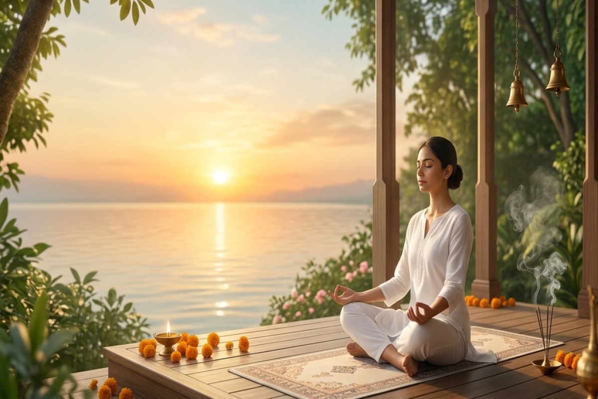 Modern spiritual seeker practicing meditation in Gangasagar for inner peace and self-discovery