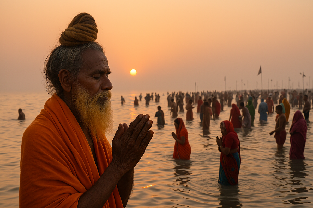 Sadhu offering prayers at Gangasagar during sunrise where the River Ganga meets the Bay of Bengal